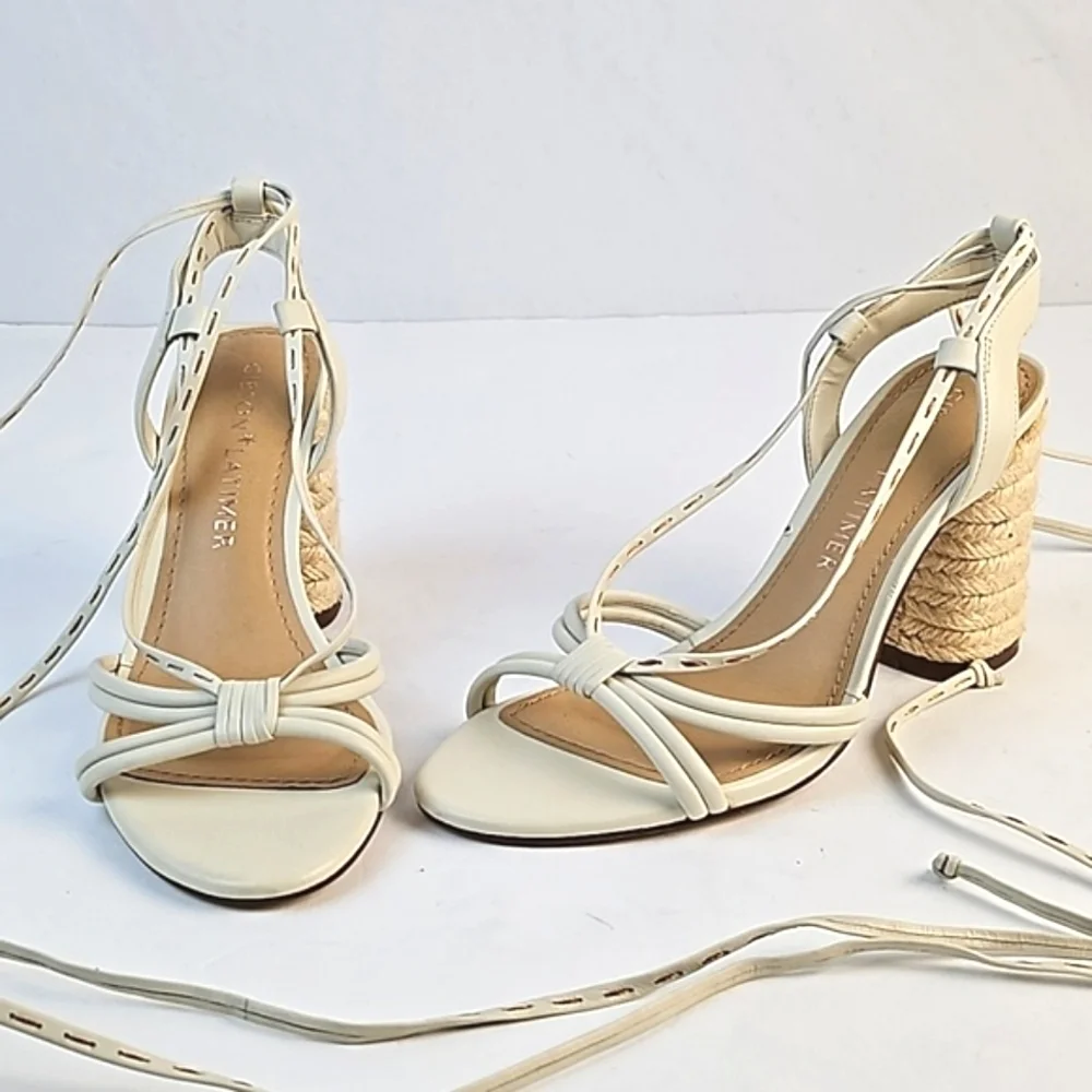 Gibson Latimer Tasha Sheep Leather Cream Open Toe Ankle Wrap Block Heel Sandal - Picture 4 of 16